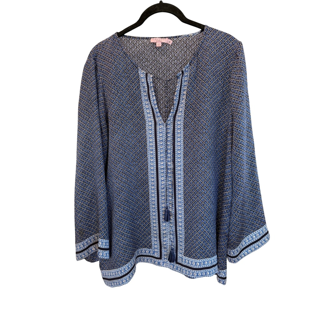 Calypso St. Barth 100% Silk Tunic Top Blue Geometric Tassel V-Neck Size M